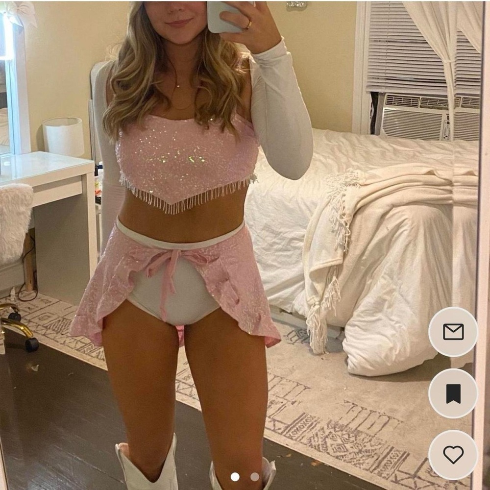 pink sequin top and skirt set